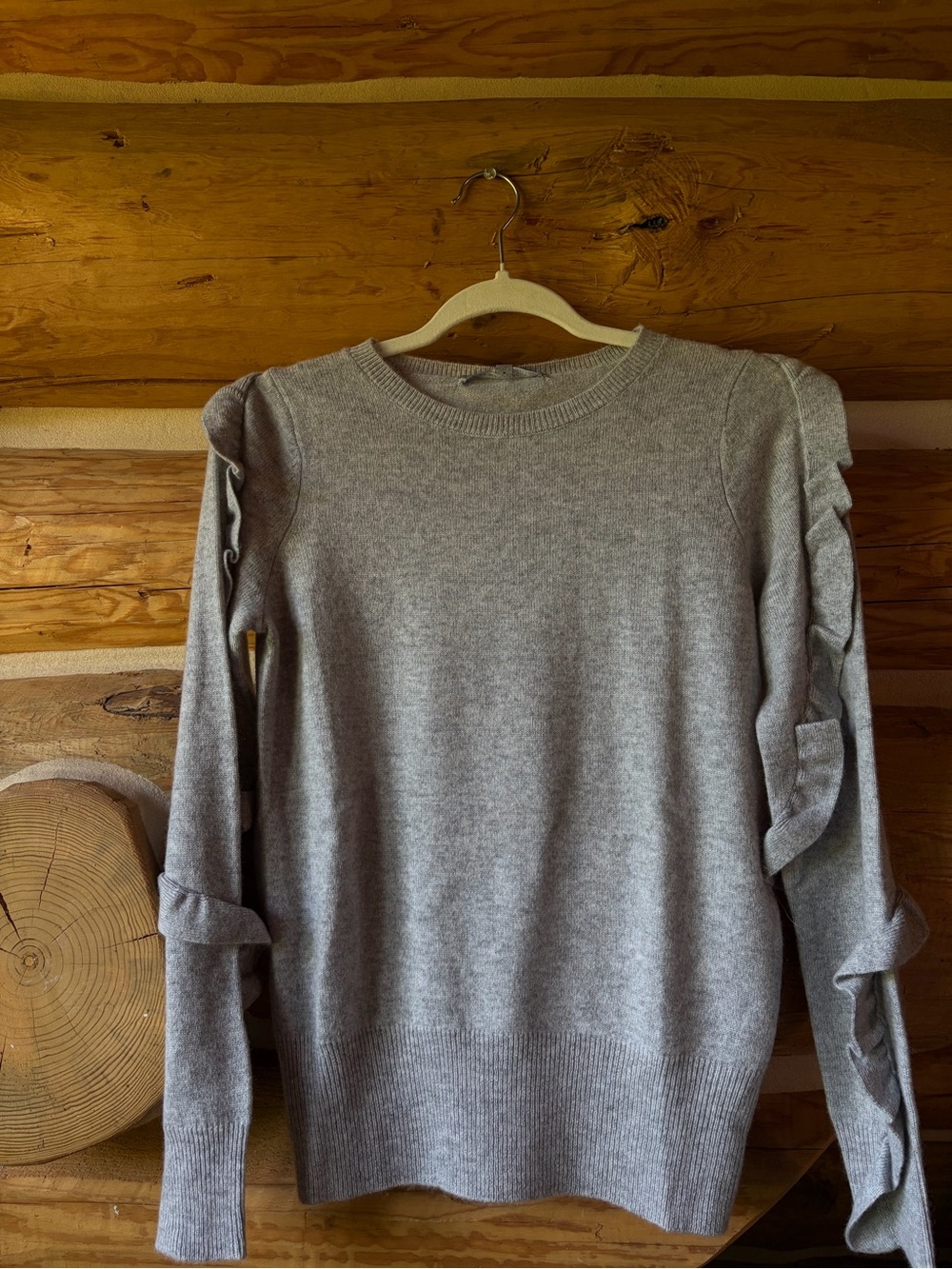 Neiman Marcus Light Gray Ruffle-Trim Crewneck Sweater